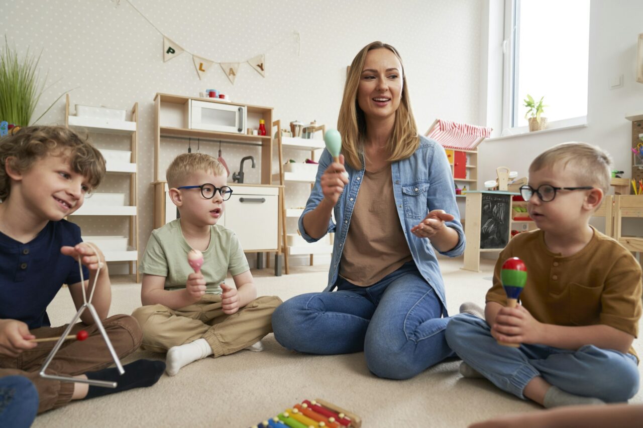 Children having music classes with music instruments