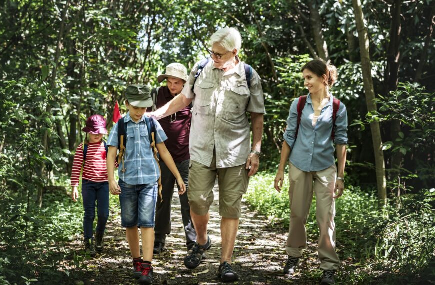 Family hiking in a forest