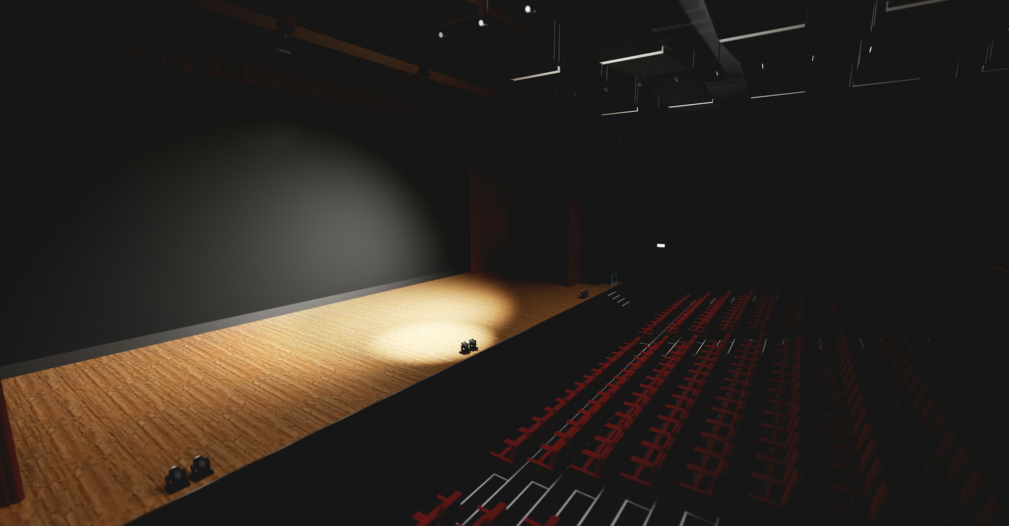 Theatre with empty stage in spotlight. Red theater curtain and seats