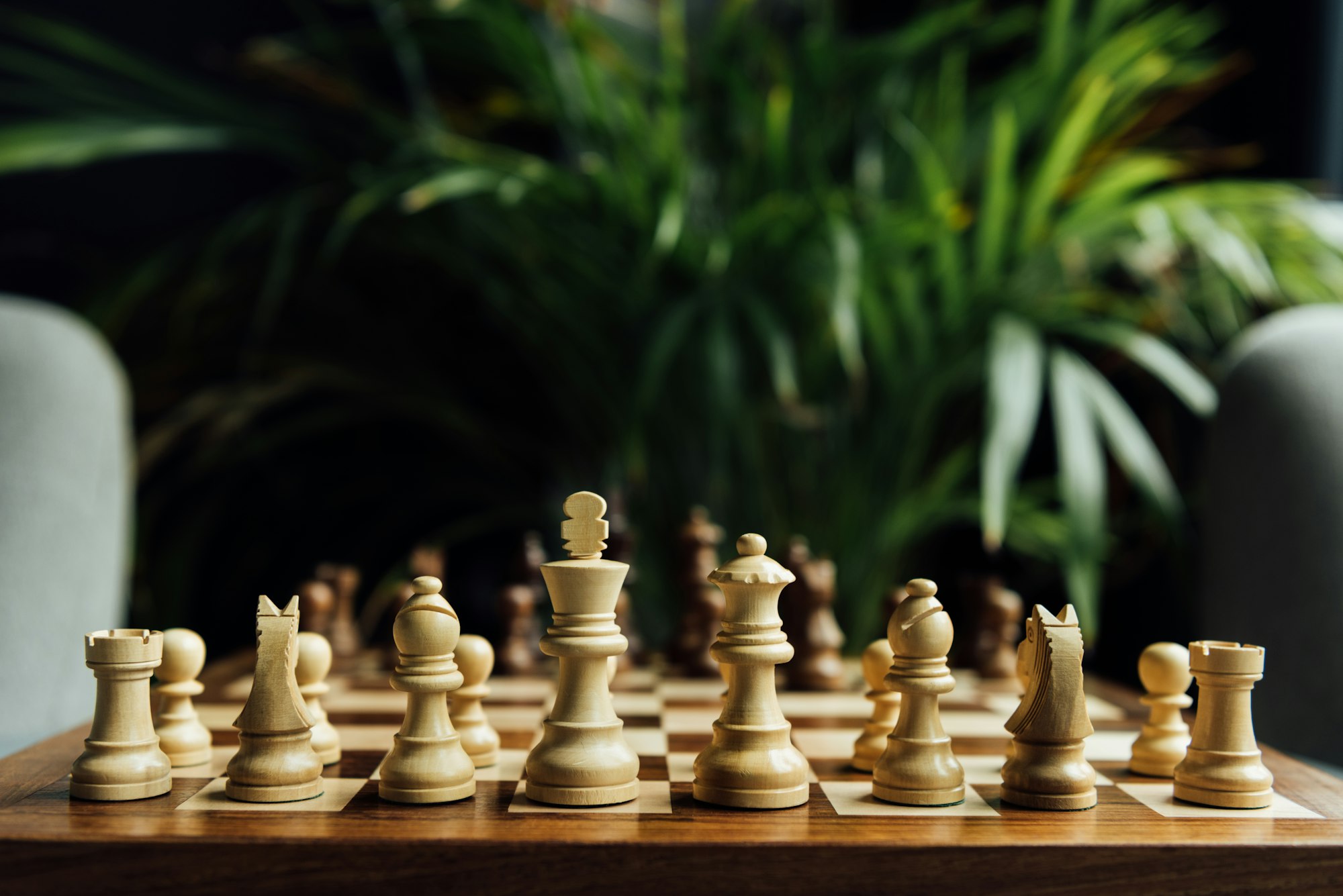 Closeup view of chess set on chess board. Selective focus on white chess figures