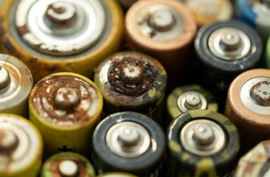 Closeup of used battery with traces of rust and corrosion. Electronic hazardous waste concept