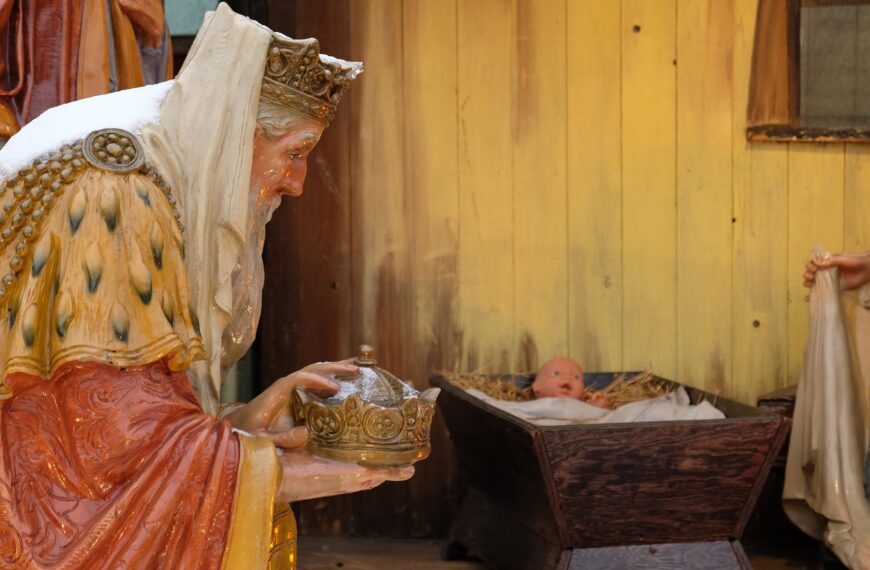 Nativity scene with baby Jesus. The Magi in the nativity scene. Three Kings visited Jesus