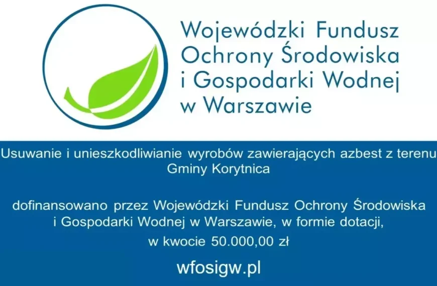 Usuwanie i unieszkodliwianie wyrobów zawierających azbest z terenu Gminy Korytnica dofinansowano przez Wojewódzki Fundusz Ochrony Środowiska i Gospodarki Wodnej w Warszawie, w formie dotacji, w kwocie 50.000,00 zł