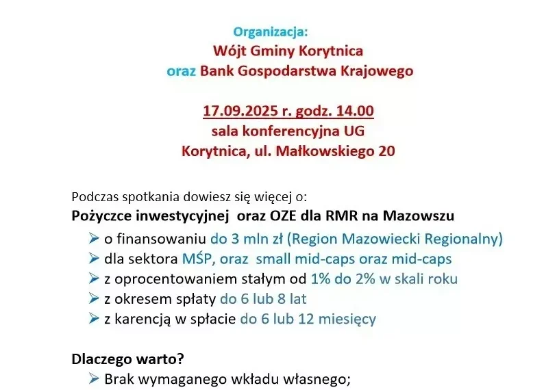 Zapraszamy na spotkanie informacyjne dotyczące: Pożyczki inwestycyjnej oraz OZE dla RMR na Mazowszu