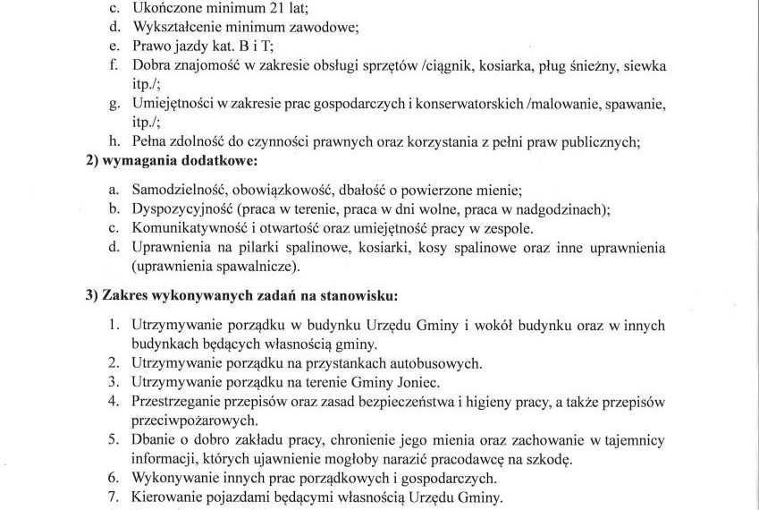 Urząd Gminy w Jońcu zatrudni Pracownika Gospodarczego
