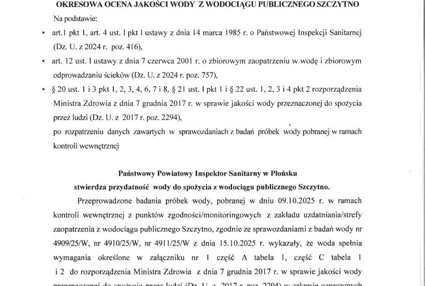 Okresowa ocena jakości wody z wodociągu publicznego w Szczytnie