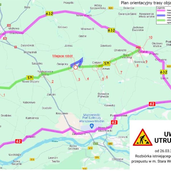 Uwaga utrudnienia na DW 571 w m. Stara Wrona