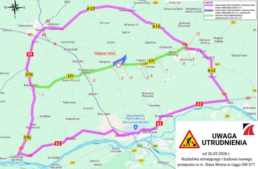 Uwaga utrudnienia na DW 571 w m. Stara Wrona