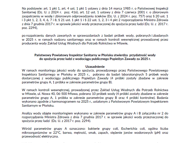 OCENA JAKOŚCI WODY PRZEZNACZONEJ DO SPOŻYCIA PRZEZ LUDZI Z WODOCIĄGU PUBLICZNEGO SZCZYTNO ORAZ POPIELŻYN ZAWADY ZA 2025 r.