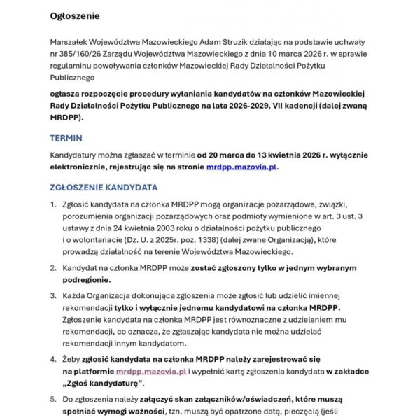 Ogłoszenie o przystąpieniu do procedury wyłaniania kandydatów na członków Mazowieckiej Rady Działalności Pożytku Publicznego na lata 2026-2029
