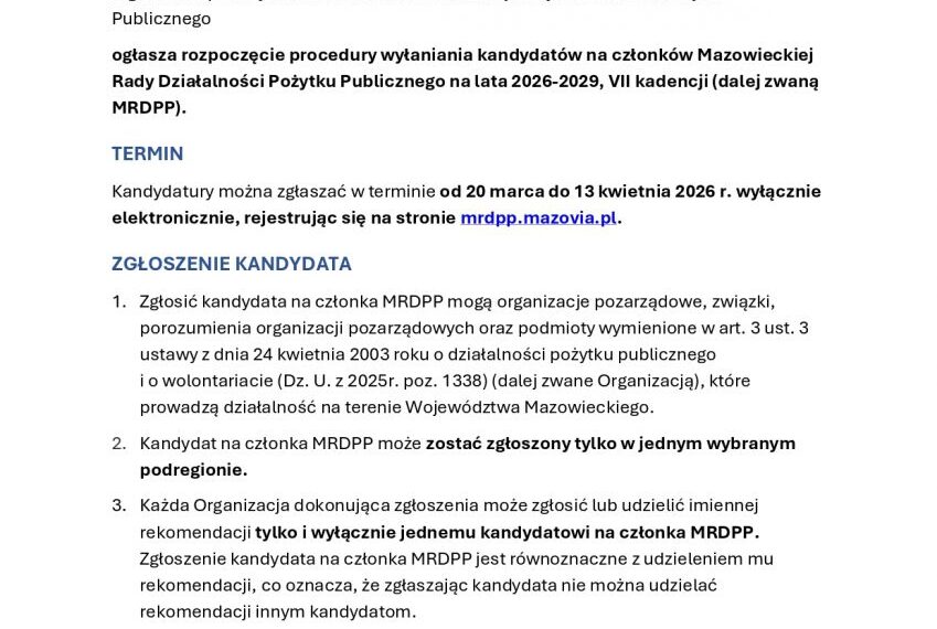 Ogłoszenie o przystąpieniu do procedury wyłaniania kandydatów na członków Mazowieckiej Rady Działalności Pożytku Publicznego na lata 2026-2029