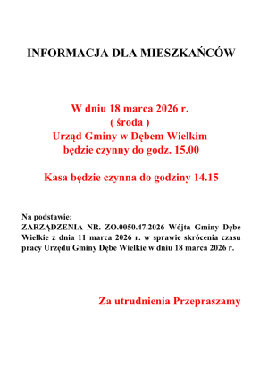 Informacja w sprawie skrócenia pracy Urzędu Gminy w dniu 18 marca 2026r.