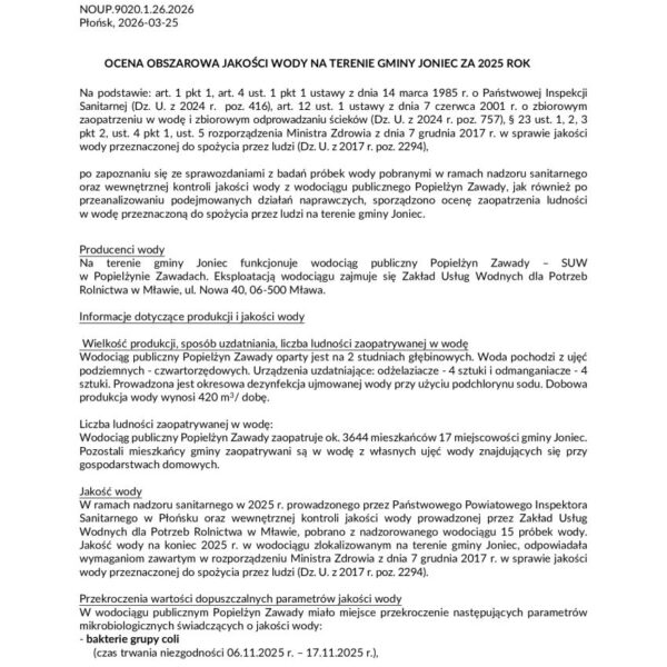 Ocena obszarowa jakości wody na terenie gminy Joniec za 2025 rok.