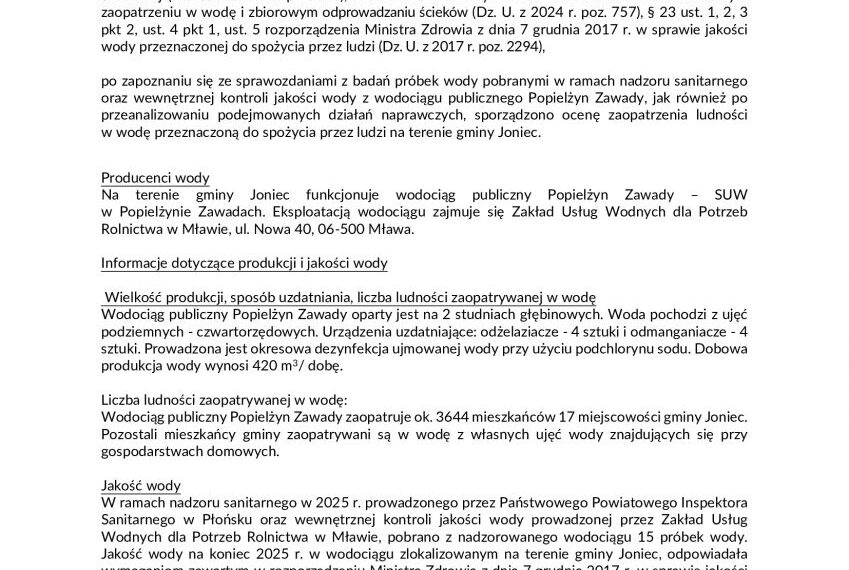 Ocena obszarowa jakości wody na terenie gminy Joniec za 2025 rok.