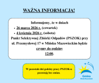 Uwaga! Krótsze godziny pracy PSZOK w dniach 26 marca i 4 kwietnia 2026 r.