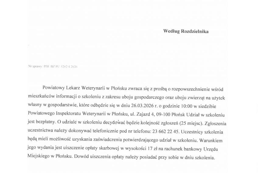 Informacja o szkoleniu z zakresu uboju gospodarczego