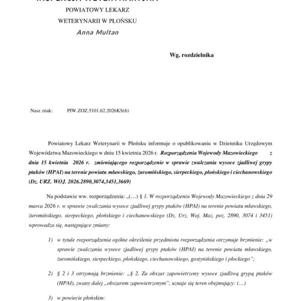 Pismo Powiatowego Lekarza Weterynarii w Płońsku w sprawie rozporządzeń Wojewody Mazowieckiego