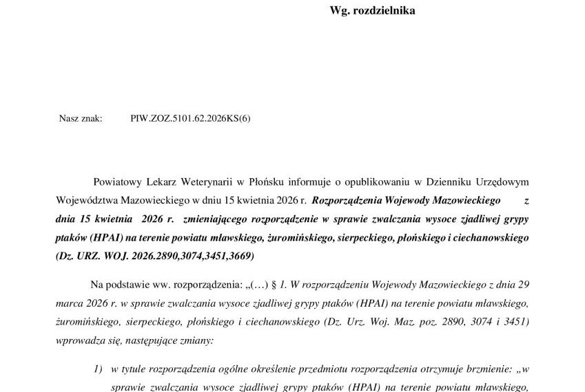 Pismo Powiatowego Lekarza Weterynarii w Płońsku w sprawie rozporządzeń Wojewody Mazowieckiego