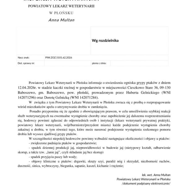 Informacja Powiatowego Lekarza Weterynarii w Płońsku o stwierdzeniu ogniska grypy ptaków