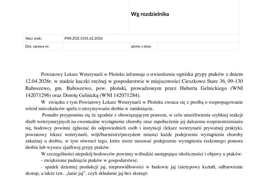 Informacja Powiatowego Lekarza Weterynarii w Płońsku o stwierdzeniu ogniska grypy ptaków