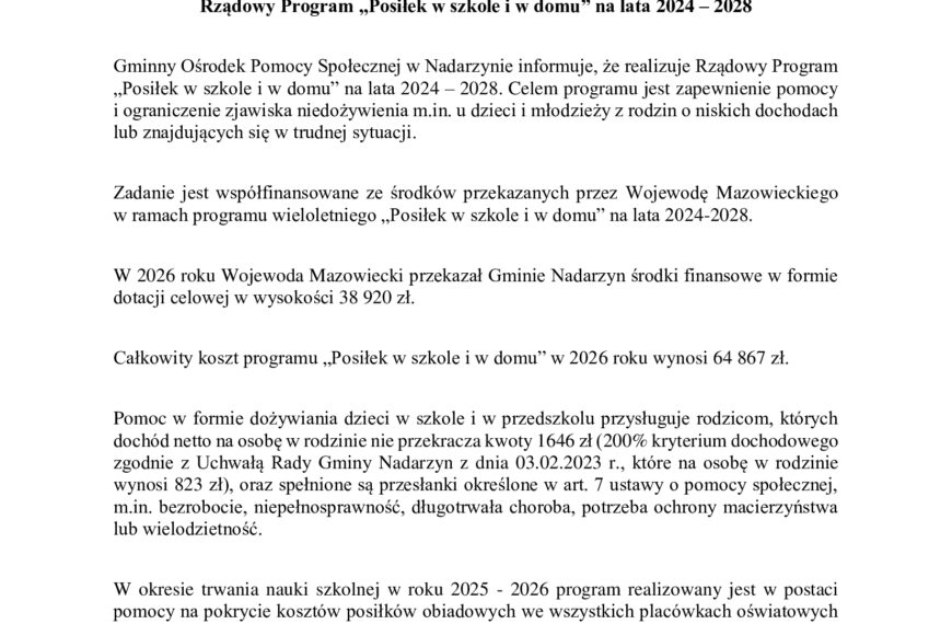 Rządowy Program „Posiłek w szkole i w domu” na lata 2024 – 2028