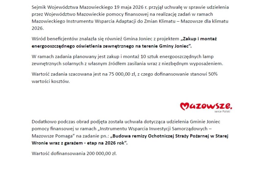 Kolejne dofinansowania dla Gminy Joniec