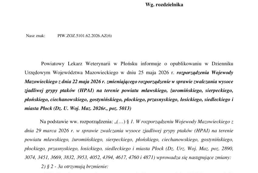 Pismo Powiatowego Lekarza Weterynarii w Płońsku w sprawie zmiany rozporządzenia Wojewody Mazowieckiego.
