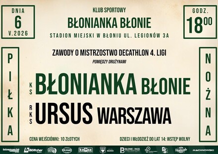 Zapraszamy w środę 6 maja na Stadion Miejski im. Marszałka Józefa Piłsudskiego w Błoniu! – 6.05.2026
