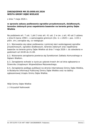 Zarządzenie w sprawie zakazu podlewania ogrodów przydomowych, działkowych,terenów zielonych praz napełniania basenów na terenie gminy Dębe Wielkie