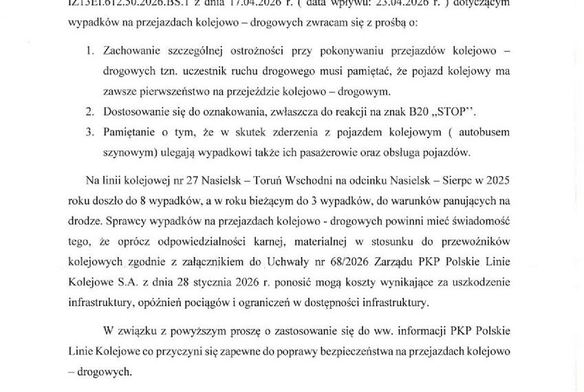 Dotyczy bezpieczeństwa na przejazdach kolejowo-drogowych