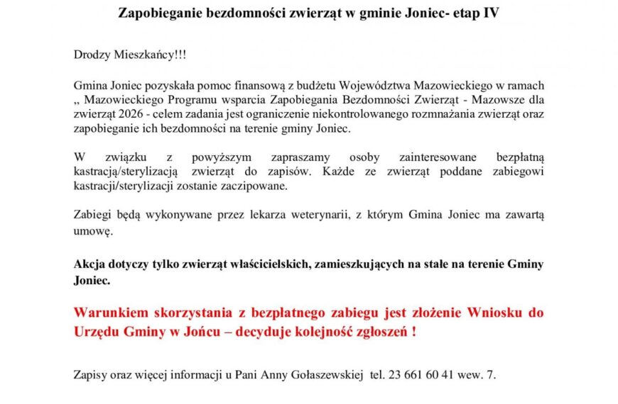 Zapobieganie bezdomności zwierząt w gminie Joniec- etap IV